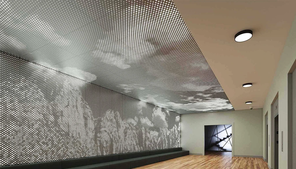 Indoor perforated light-integrated aluminum panel, custom LED backlit perforated metal sheet for interior feature wall and ceiling decoration
