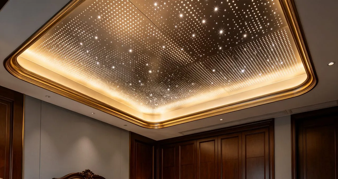 Custom aluminum panel star ceiling with LED fiber optic lighting in a luxury home theater