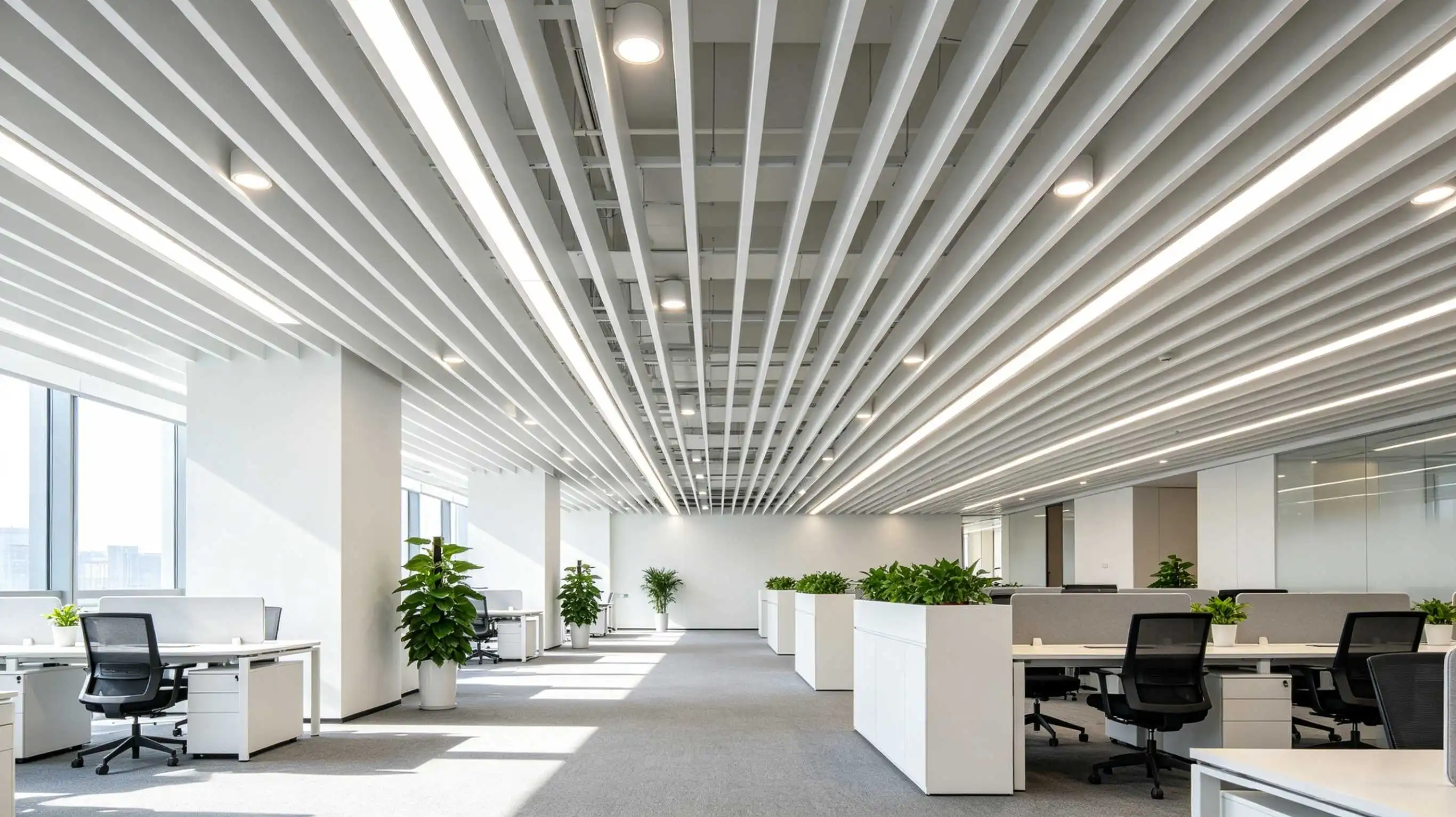 Modern office space with white aluminum linear baffle ceiling Modern office space with white aluminum linear baffle ceiling