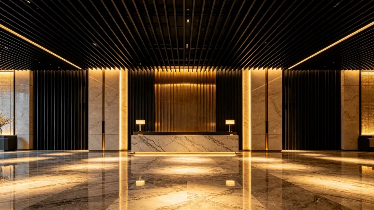 The hotel lobby features a black aluminum alloy linear panel ceiling The hotel lobby features a black aluminum alloy linear panel ceiling