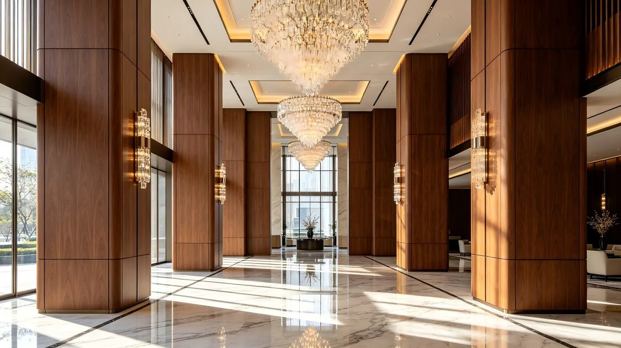 Wood Grain Honeycomb Panels in Hotel Lobby Wood Grain Honeycomb Panels in Hotel Lobby