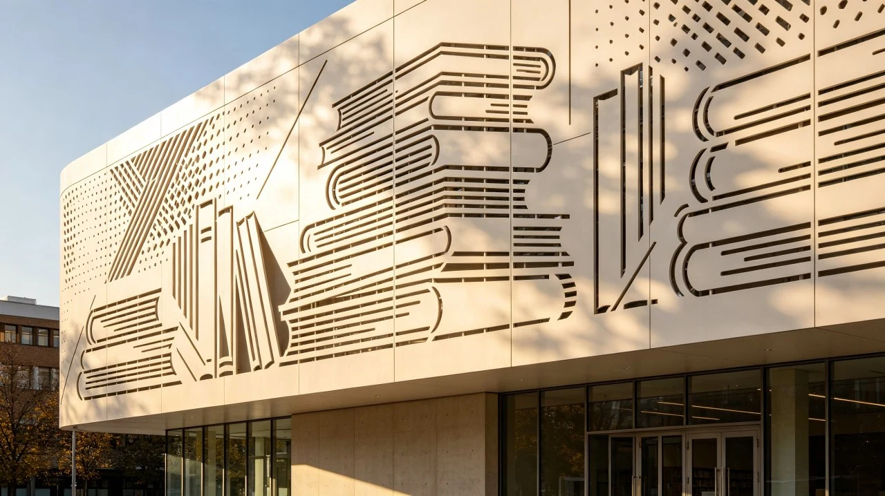 Library exterior wall carved aluminum panels
