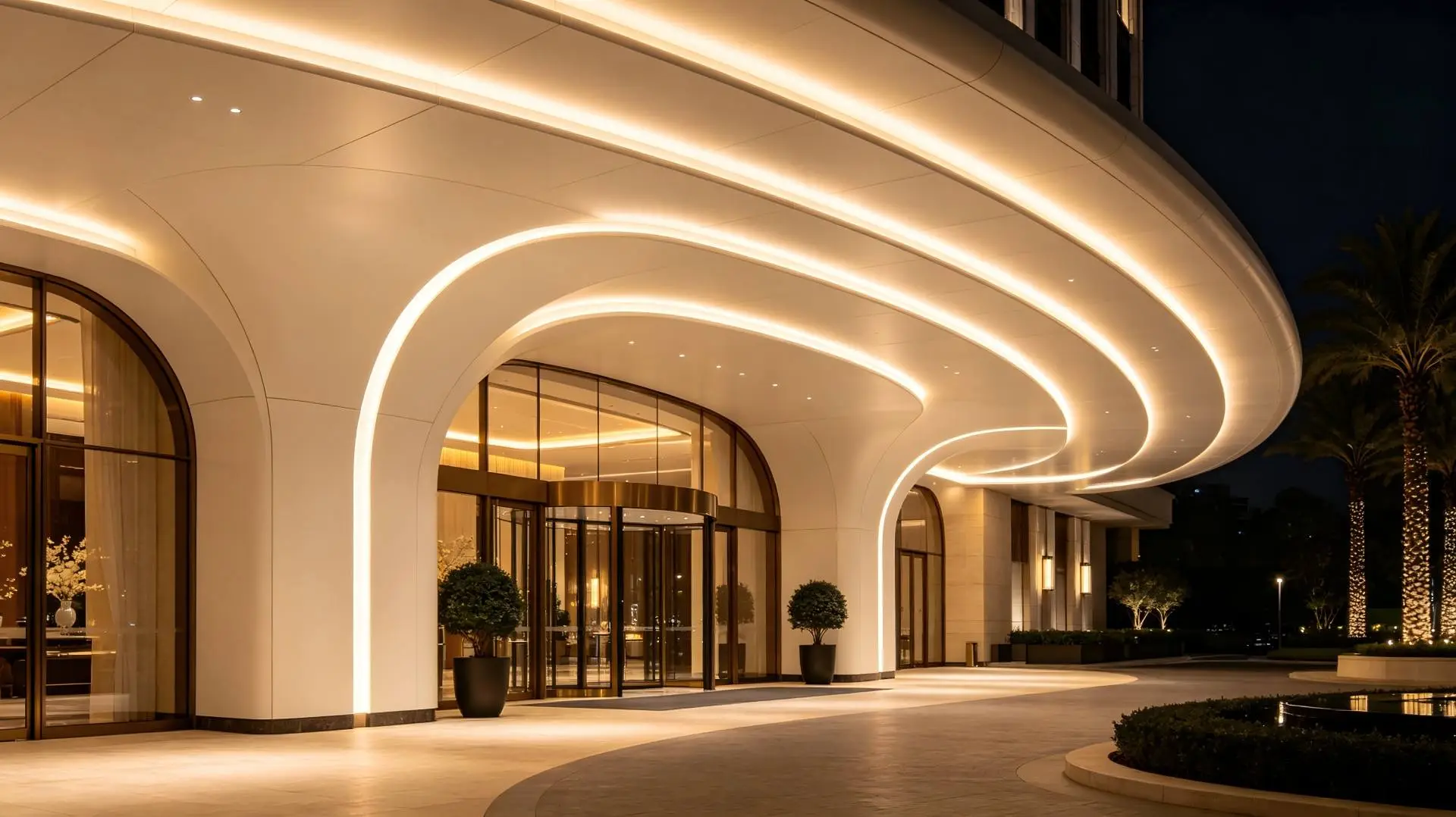 Example of using curved honeycomb aluminum panels for building entrance canopies