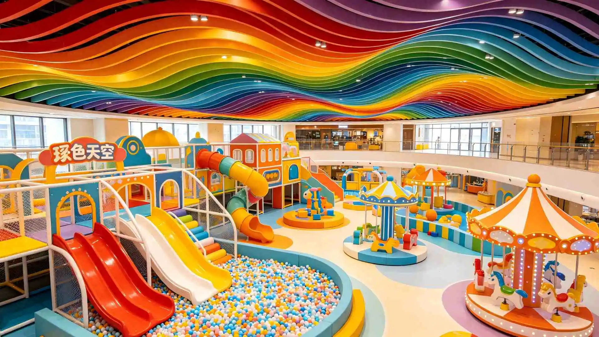 Colored square tubes are used in the ceiling of children's playgrounds. Colored square tubes are used in the ceiling of children's playgrounds.