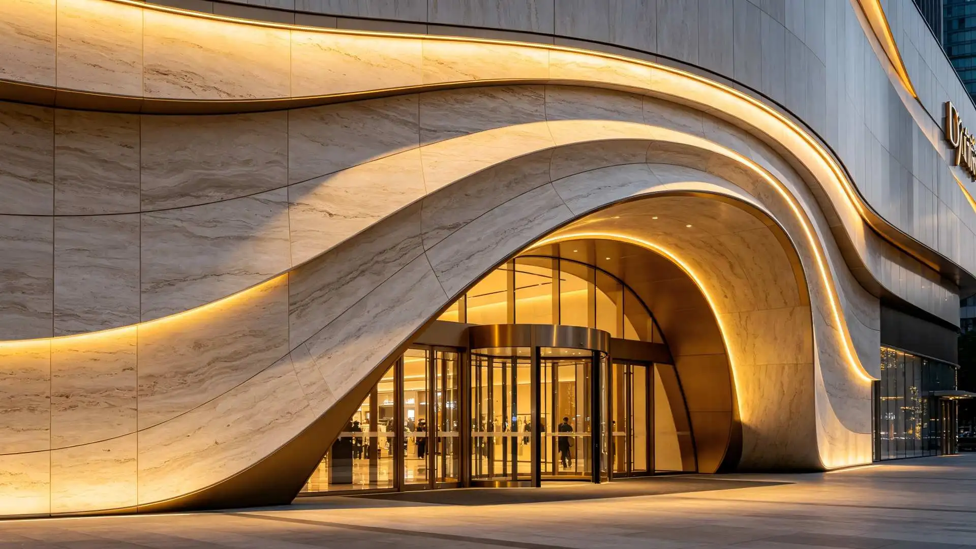 Curved stone-patterned aluminum panel facade effect Curved stone-patterned aluminum panel facade effect