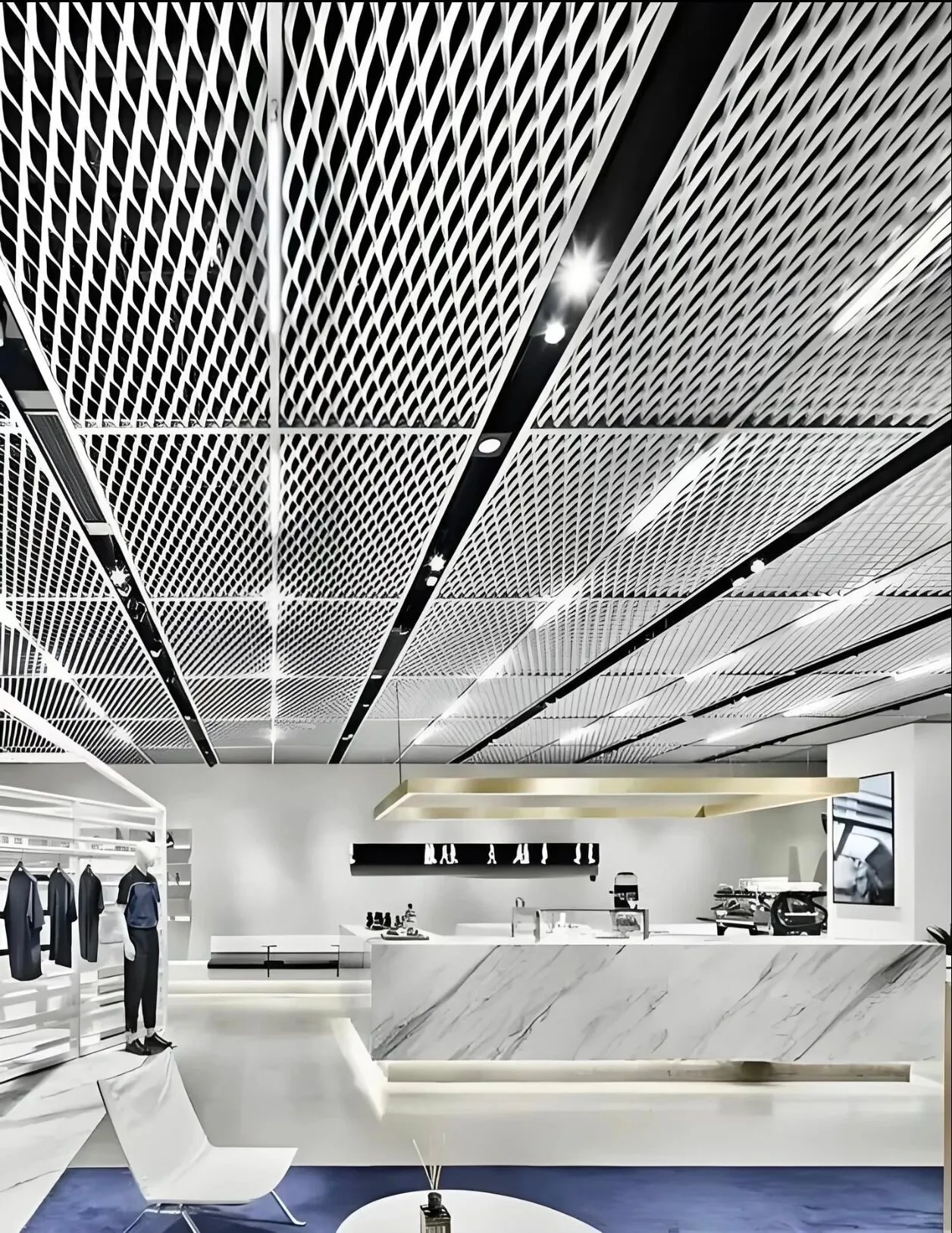 Perforated aluminum mesh ceiling installed in a modern shopping mall atrium, showing soft natural light penetration and open visual effect | Alt Text: perforated aluminum mesh ceiling transparent light effect, commercial atrium metal mesh ceiling Perforated aluminum mesh ceiling installed in a modern shopping mall atrium, showing soft natural light penetration and open visual effect | Alt Text: perforated aluminum mesh ceiling transparent light effect, commercial atrium metal mesh ceiling