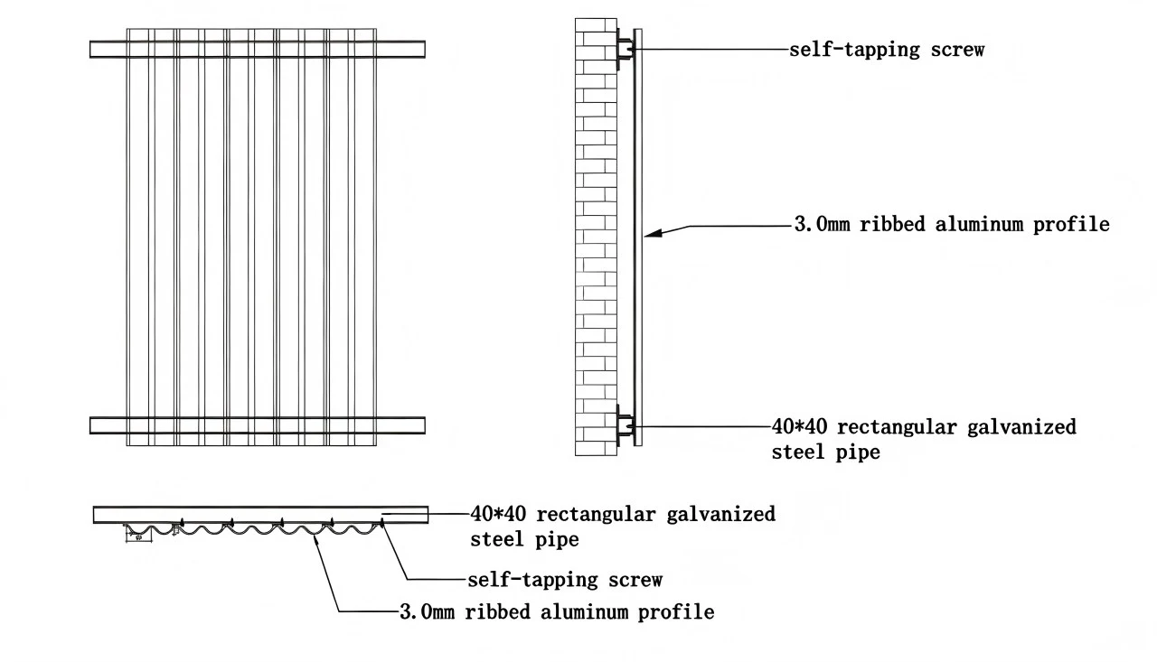 Professional installation of extruded aluminum wave panel on commercial building facade Professional installation of extruded aluminum wave panel on commercial building facade