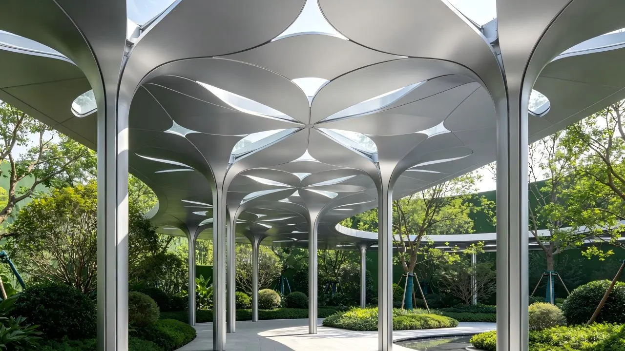 Silver gray PVDF petal aluminum ceiling, outdoor landscape corridor real project Silver gray PVDF petal aluminum ceiling, outdoor landscape corridor real project