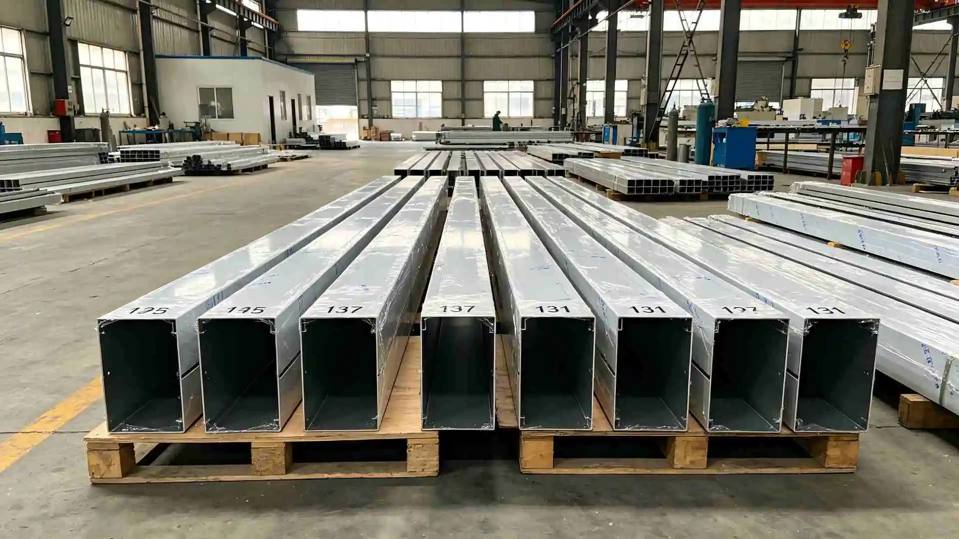 Prefabricated aluminum baffles in factory, protective film, numbered stacking