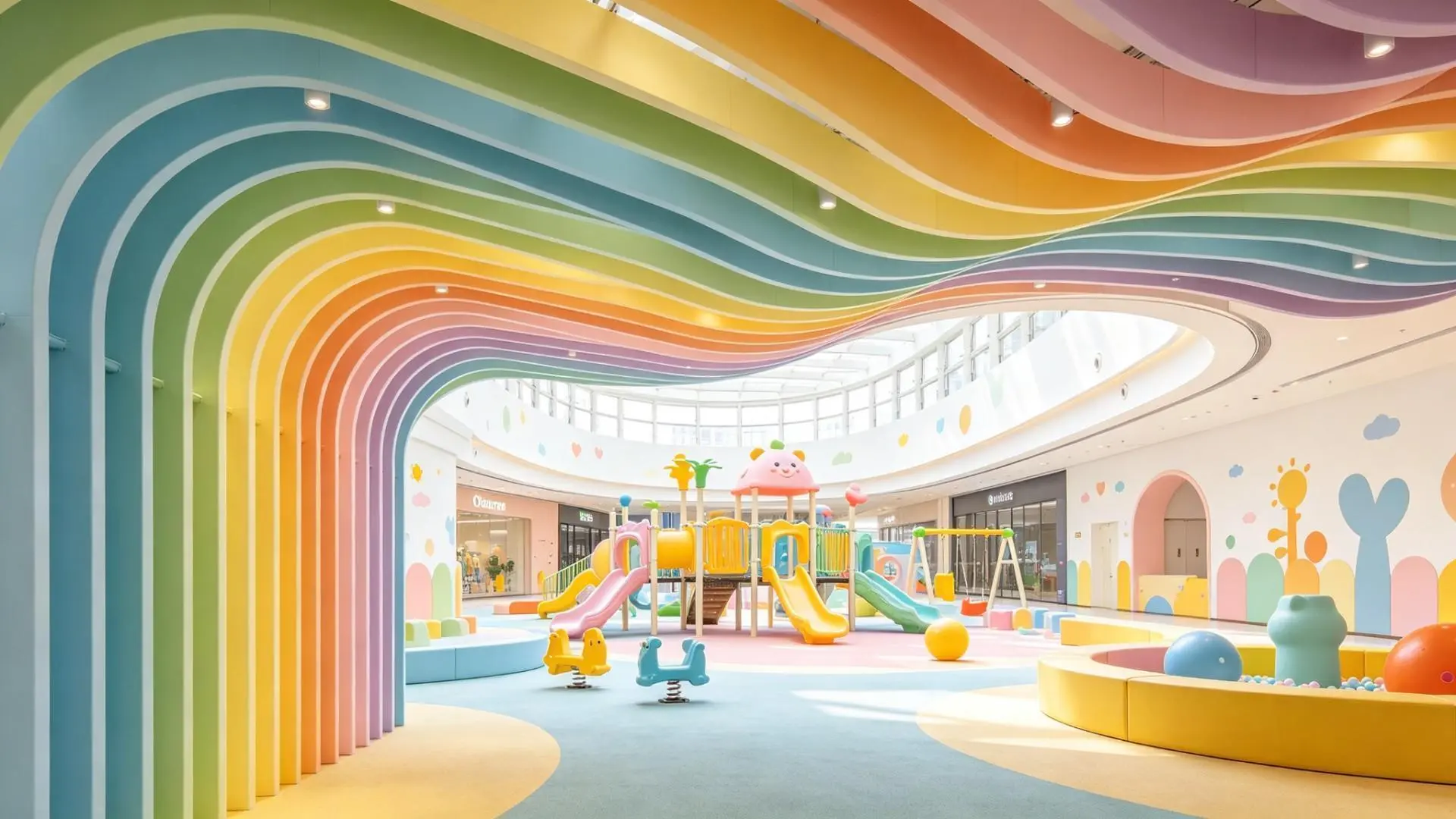 Colorful Curved Aluminum Baffle Ceiling Panels for Children Playground Decoration Colorful Curved Aluminum Baffle Ceiling Panels for Children Playground Decoration