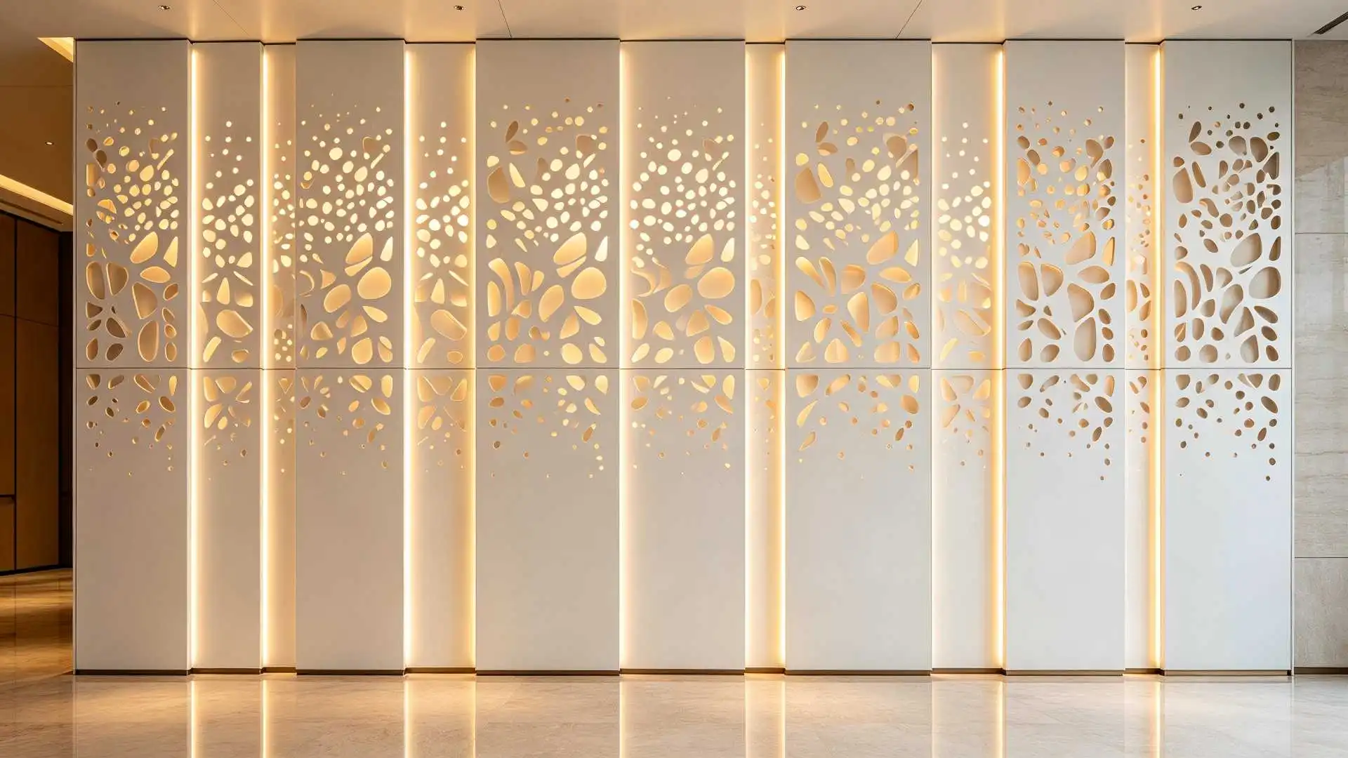 Hotel Lobby Feature Wall (Abstract Perforated Pattern with Warm Backlighting)