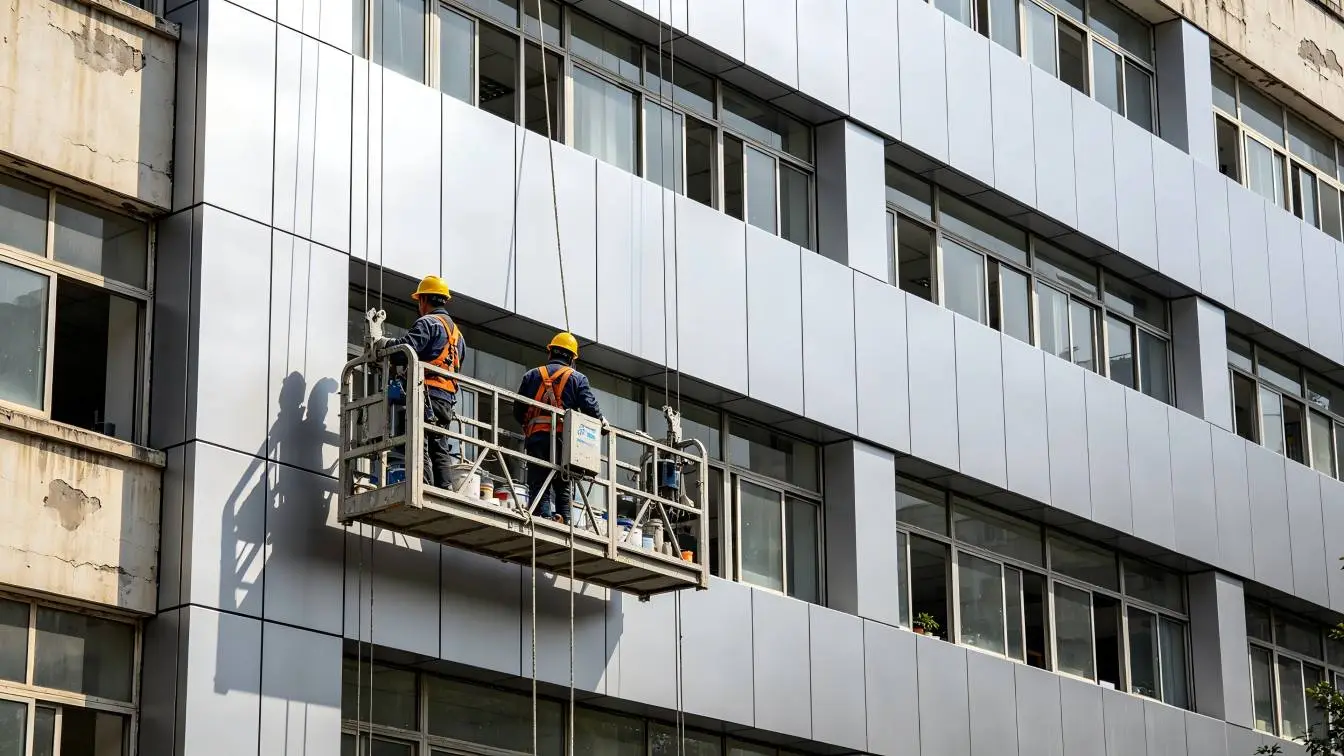 Old office building facade renovation, workers installing aluminum panels from suspended platform