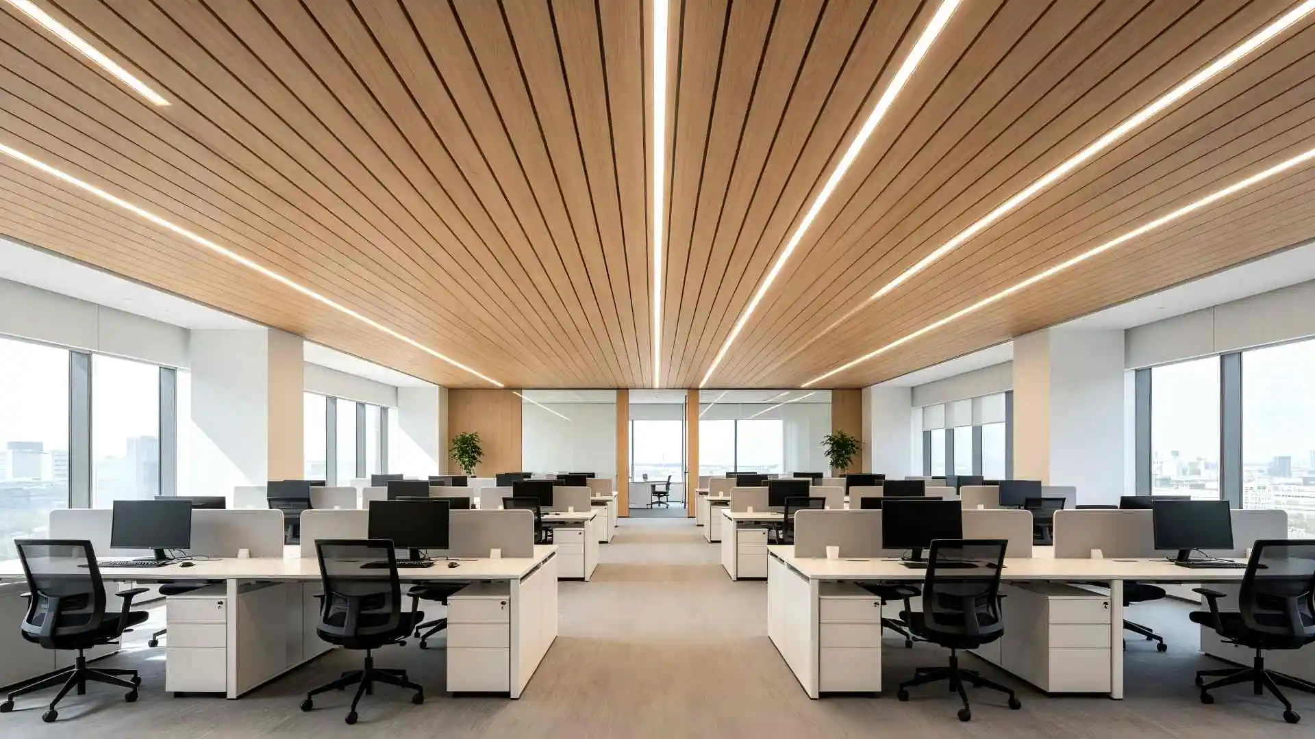 Light Oak Wood Grain Aluminum Strip Ceiling Modern Open Office