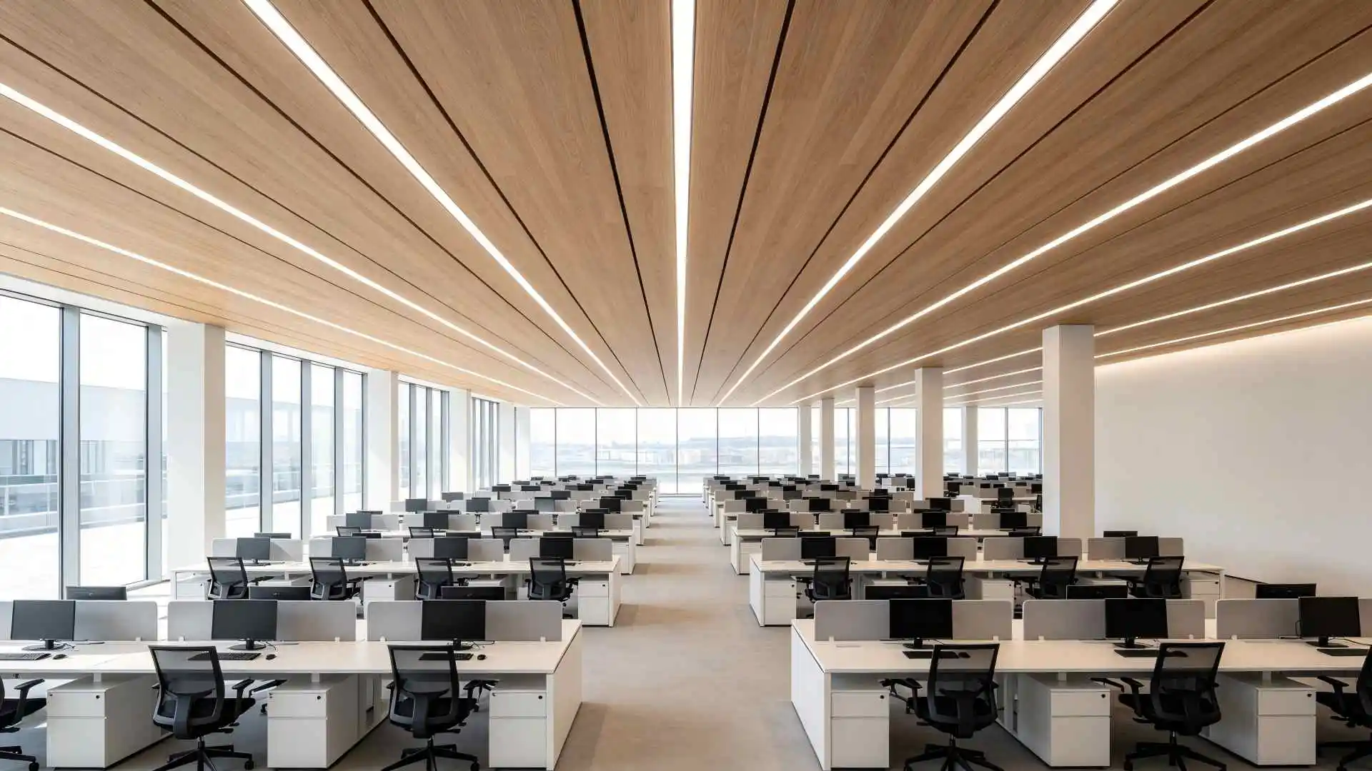 12,000m² of 150mm light oak strip ceiling with integrated linear lights in open office areas. The natural wood tone reduced employee reported stress by 18% in post-occupancy surveys, with zero maintenance required after 3 years.