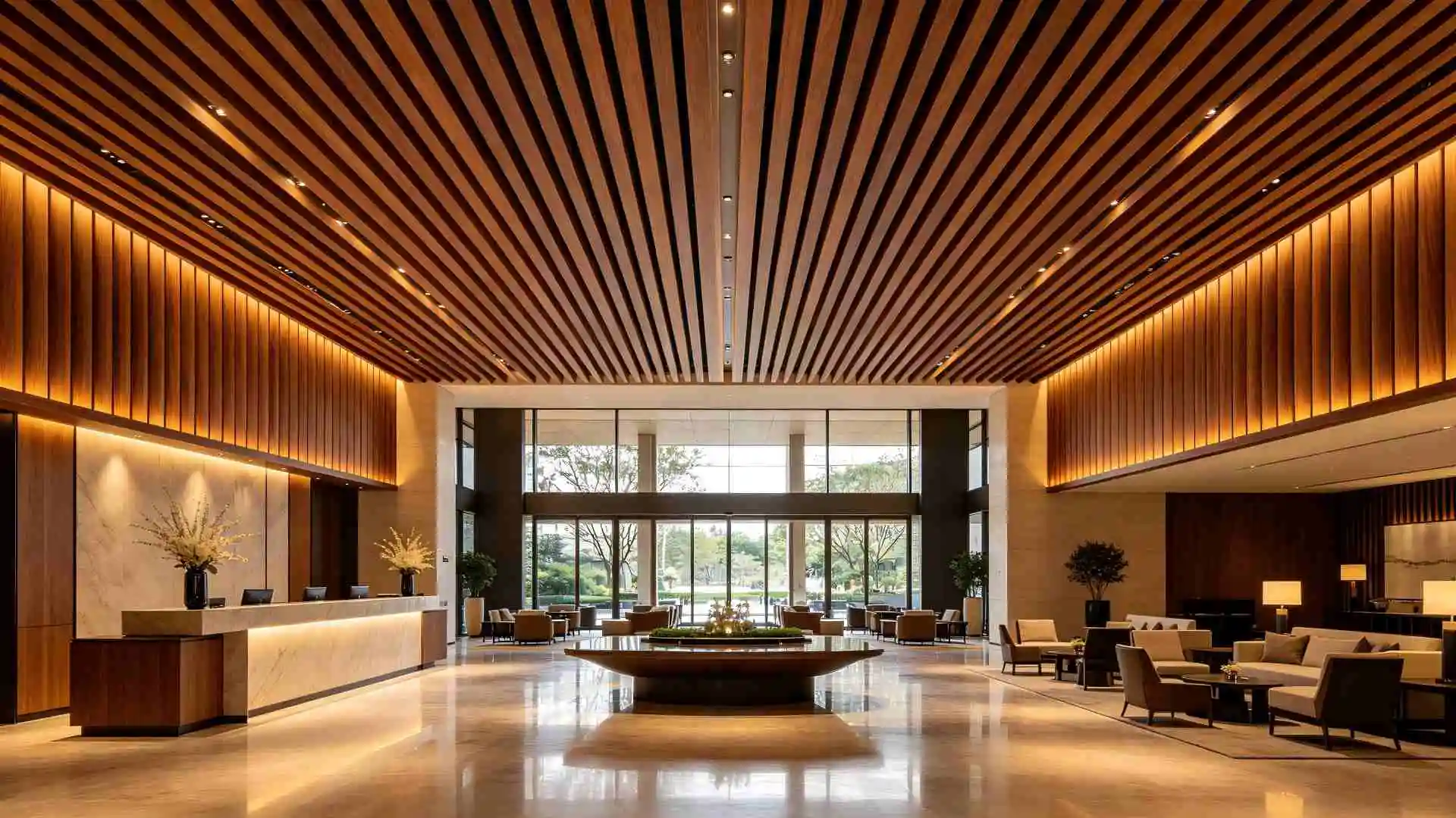80mm teak strip ceiling in lobby, 30mm walnut strips in guest rooms. The different strip sizes create distinct atmospheres for public and private spaces, with consistent premium wood appearance.