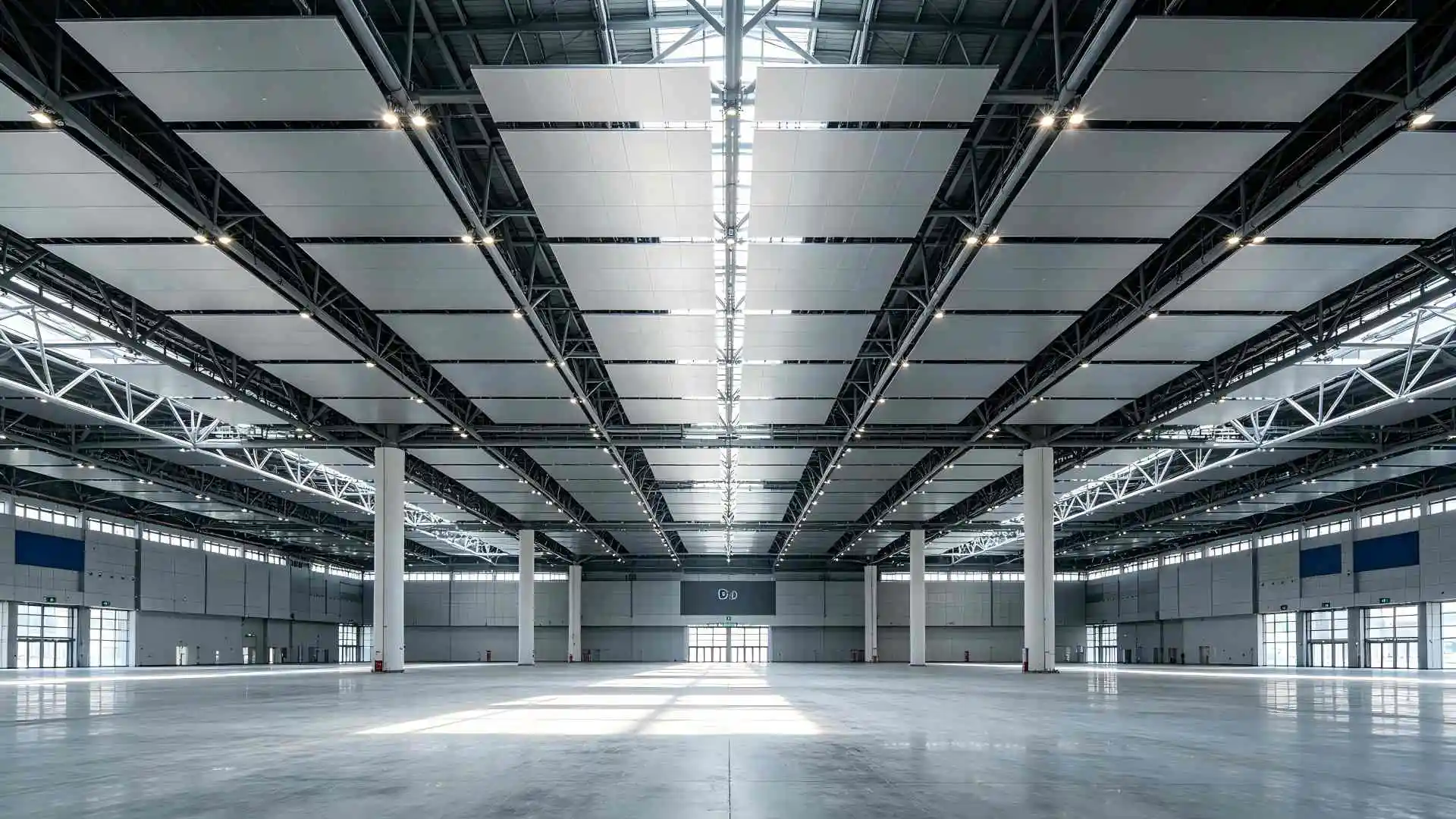 Smooth Flat Large Format Aluminum Ceiling in Exhibition Center Hall