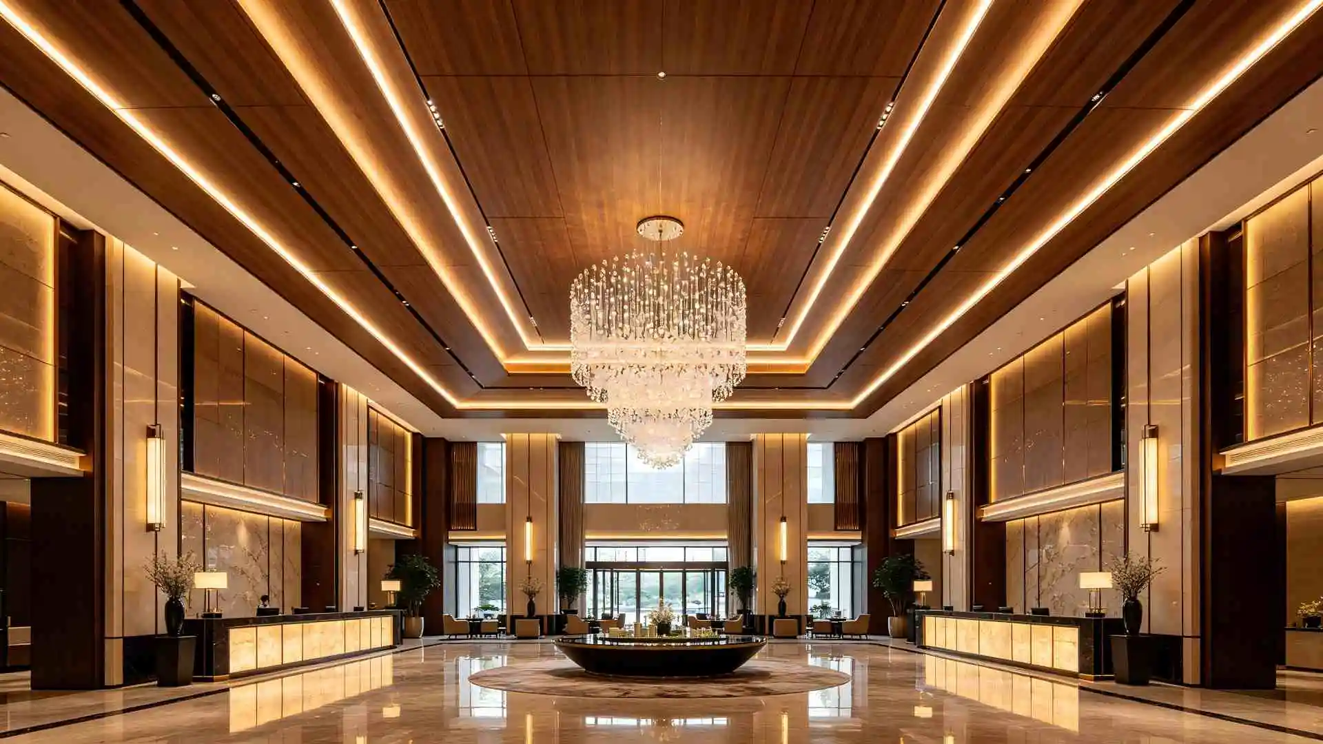 Wood Grain Integrated LED Aluminum Ceiling in Luxury Hotel Lobby