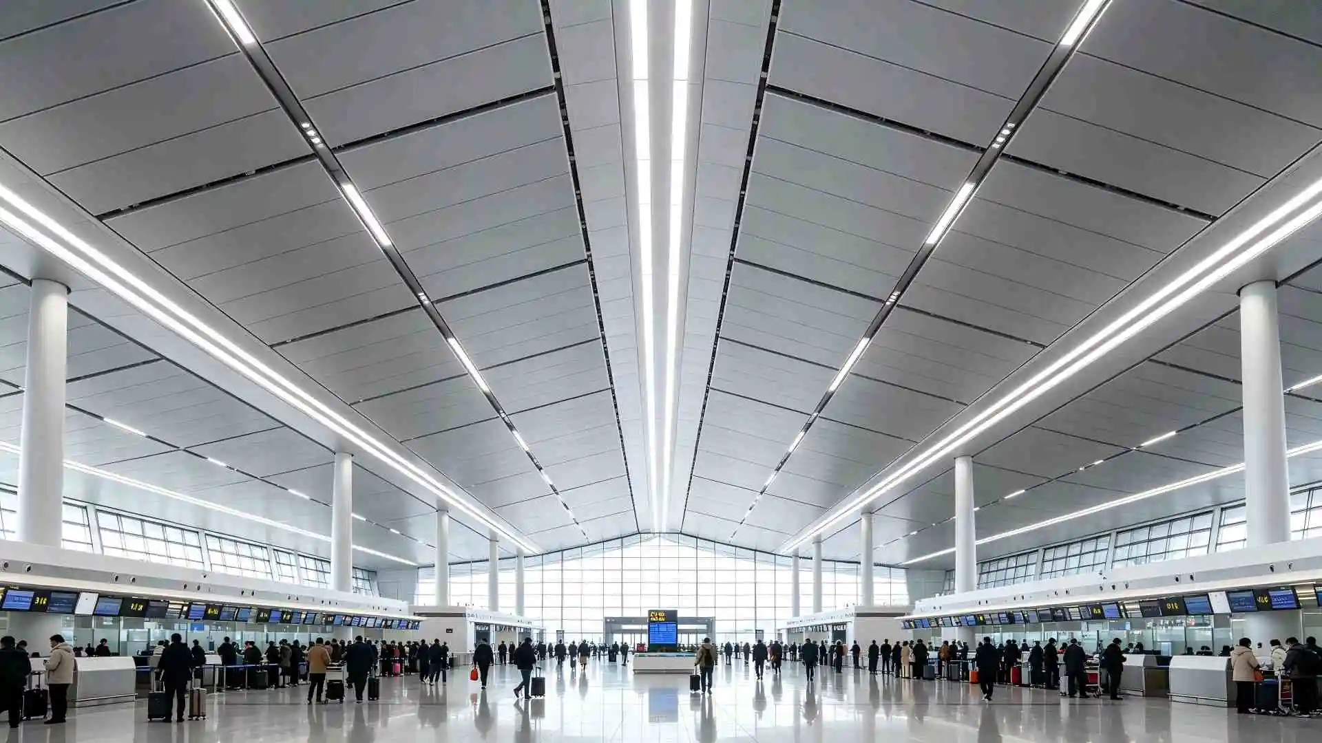 High-Output Integrated LED Aluminum Ceiling in Airport Terminal Hall