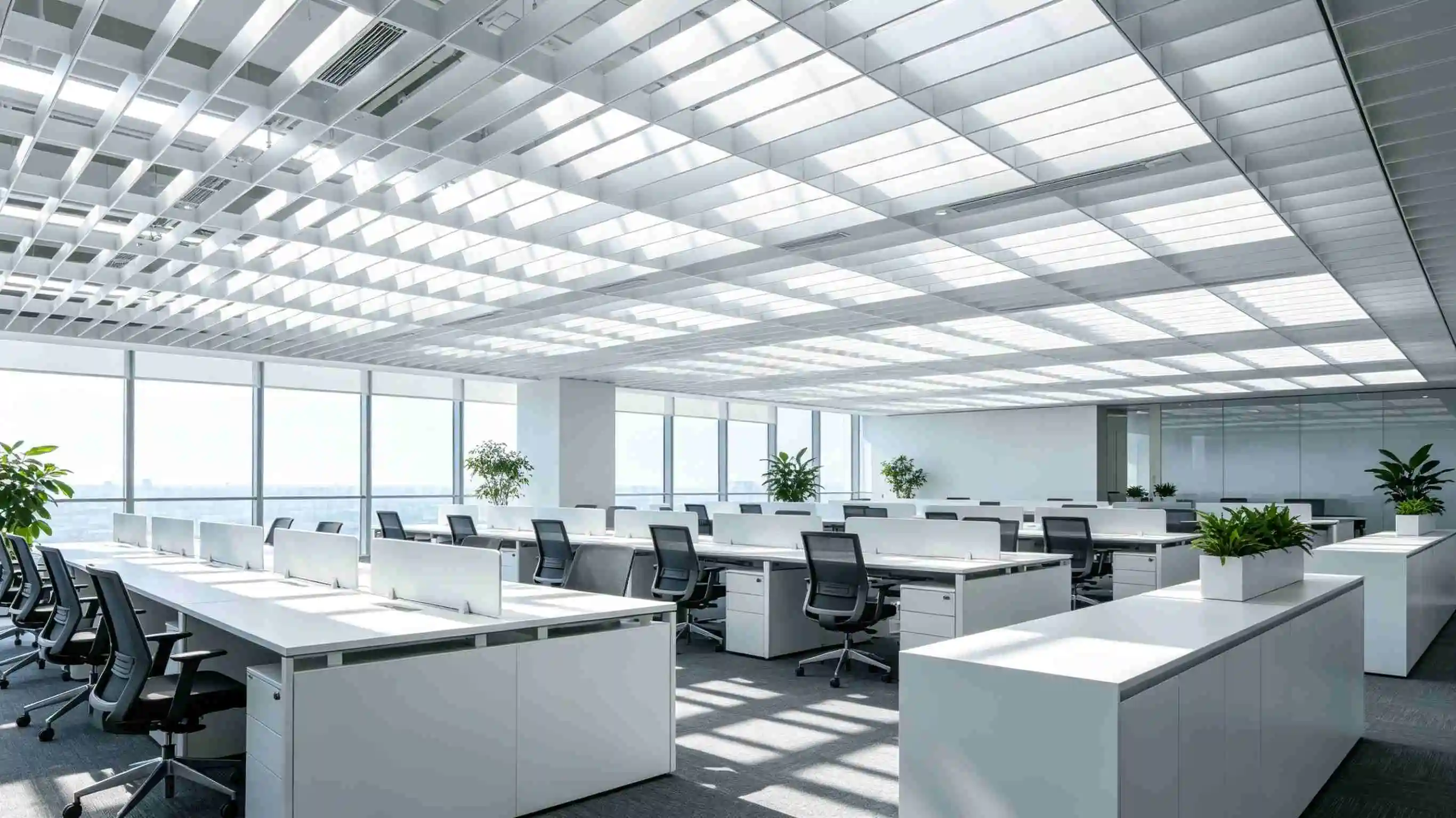 White aluminum baffle grille ceiling for modern open‑plan office interior