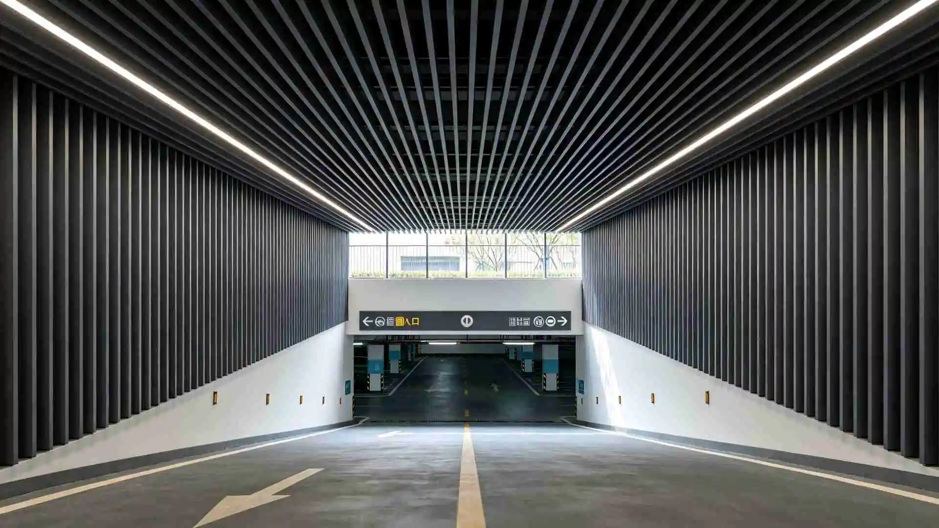 Powder‑coated aluminum baffle ceiling for parking lot entrance