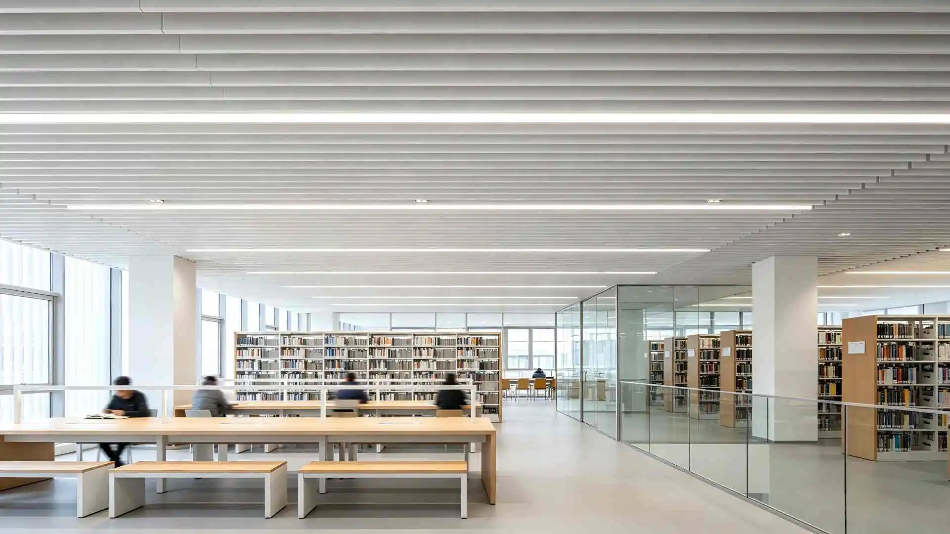 White Powder‑Coated Aluminum Baffle Ceiling for Library Interior
