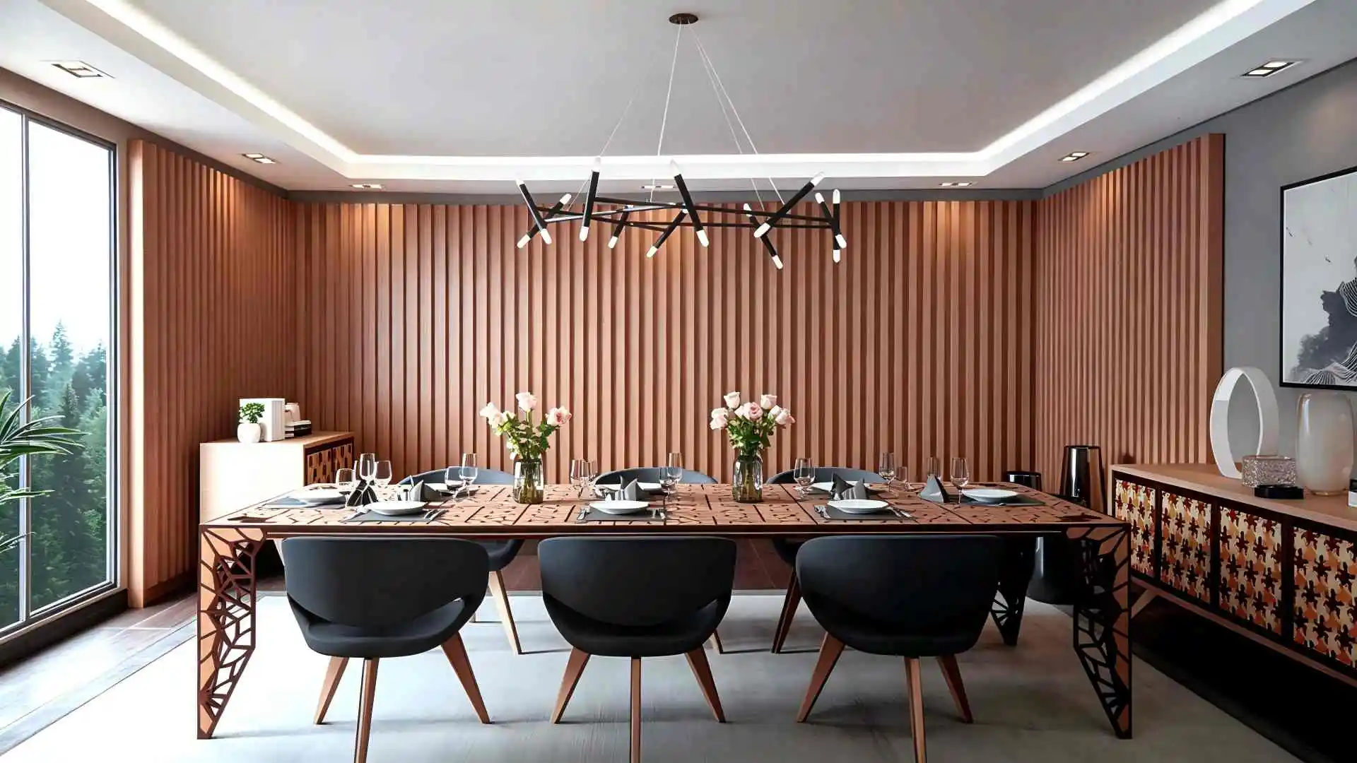 Installation Effect of Wood‑Grain Aluminum Fluted Panel Feature Wall
