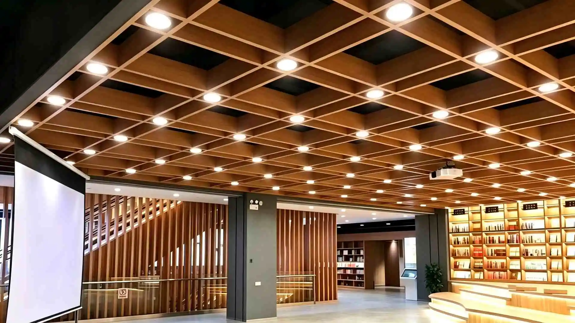 Wood‑Grain Aluminum Grid Ceiling with Integrated Lighting Effect
