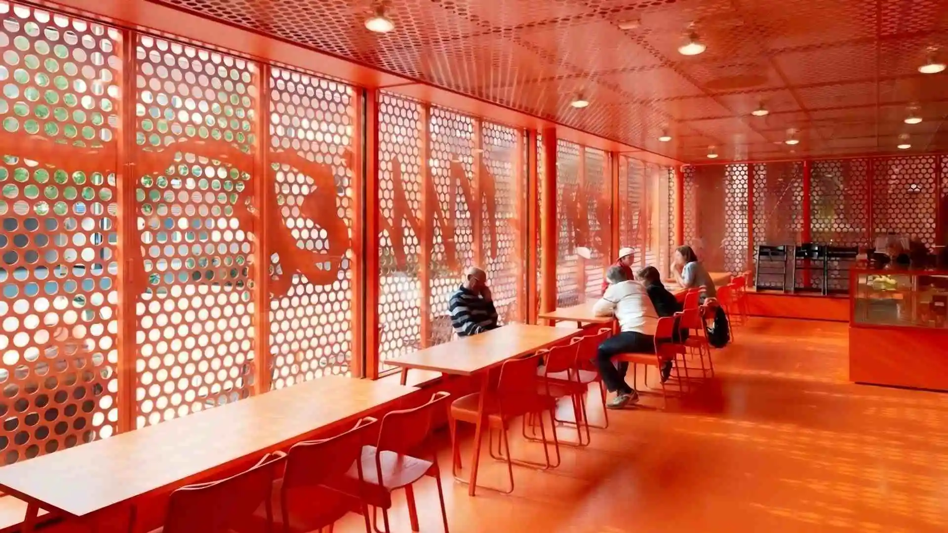 Red perforated aluminum ceiling for restaurant