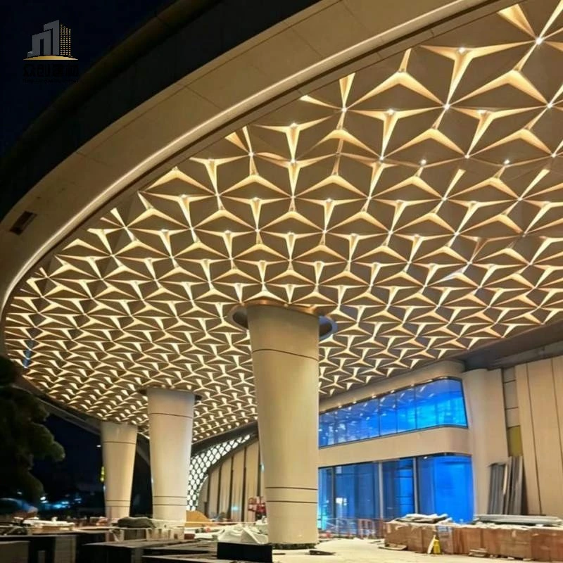 Petal‑shaped aluminum veneer ceiling for hotel entrance canopy, custom flower shape aluminum ceiling panel, outdoor decorative metal ceiling for hotel porte‑cochere facade