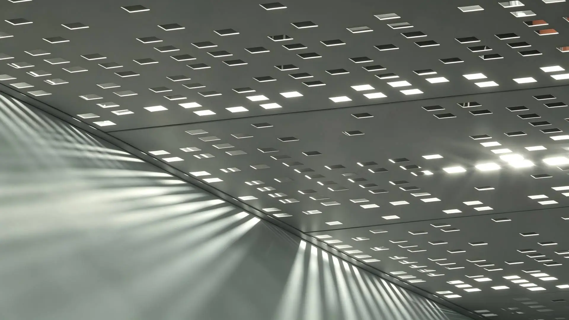 Close-up detail of perforated aluminium ceiling panel splicing joint, uniform gap, metal ceiling installation